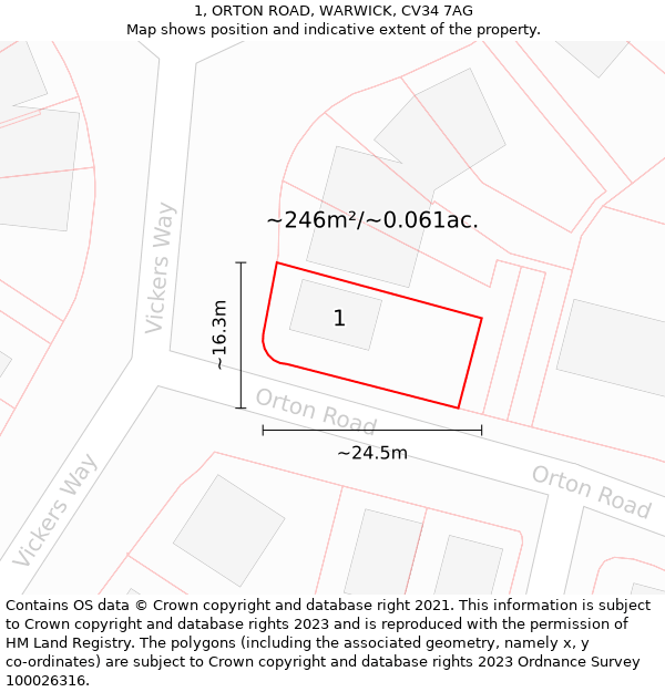 1, ORTON ROAD, WARWICK, CV34 7AG: Plot and title map