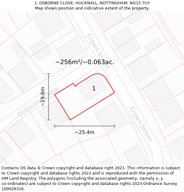 1, OSBORNE CLOSE, HUCKNALL, NOTTINGHAM, NG15 7UY: Plot and title map