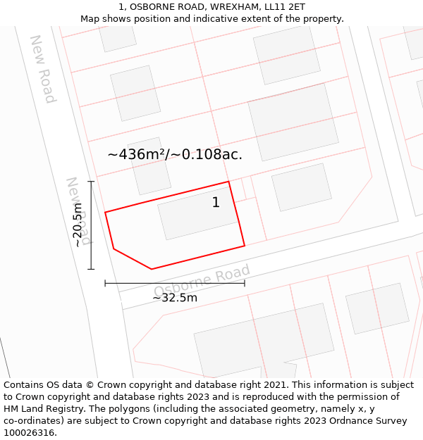 1, OSBORNE ROAD, WREXHAM, LL11 2ET: Plot and title map