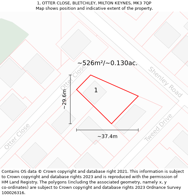 1, OTTER CLOSE, BLETCHLEY, MILTON KEYNES, MK3 7QP: Plot and title map