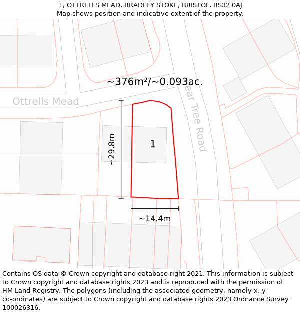 1, OTTRELLS MEAD, BRADLEY STOKE, BRISTOL, BS32 0AJ: Plot and title map