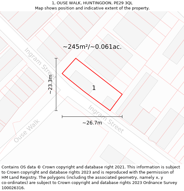 1, OUSE WALK, HUNTINGDON, PE29 3QL: Plot and title map