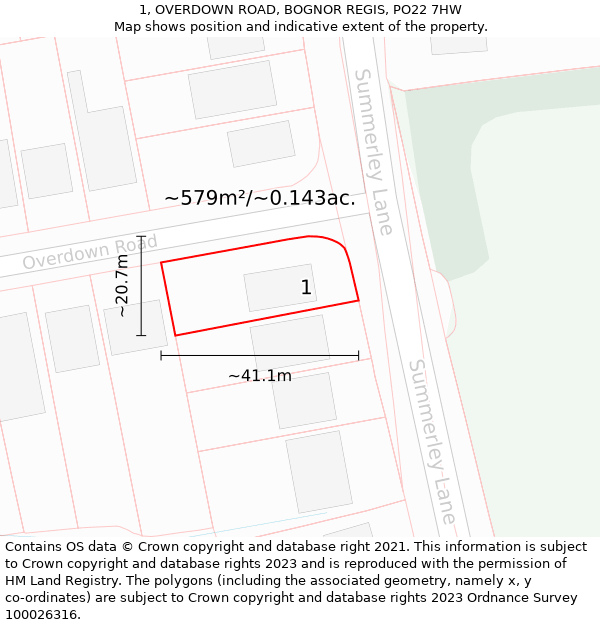 1, OVERDOWN ROAD, BOGNOR REGIS, PO22 7HW: Plot and title map