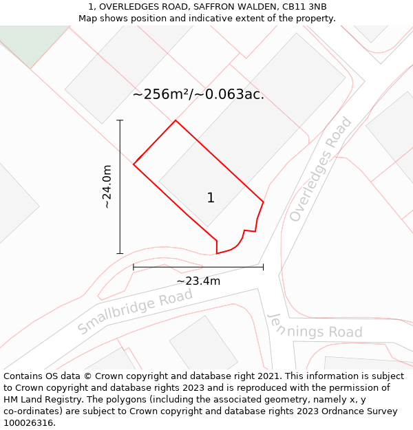 1, OVERLEDGES ROAD, SAFFRON WALDEN, CB11 3NB: Plot and title map