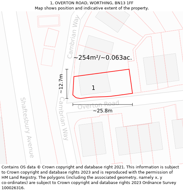 1, OVERTON ROAD, WORTHING, BN13 1FF: Plot and title map