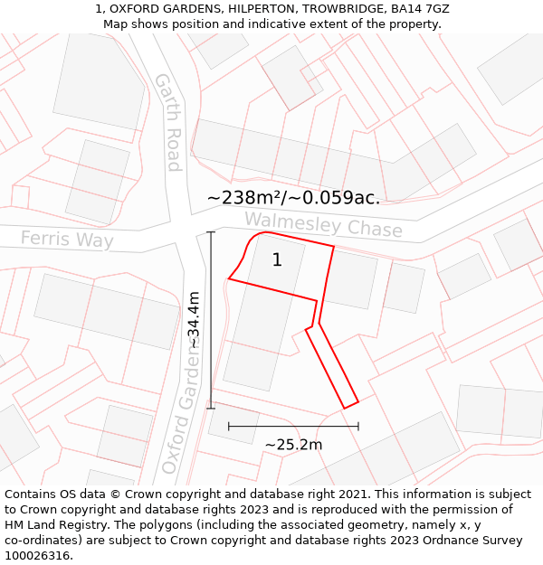 1, OXFORD GARDENS, HILPERTON, TROWBRIDGE, BA14 7GZ: Plot and title map