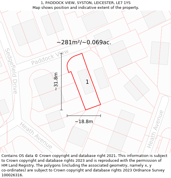 1, PADDOCK VIEW, SYSTON, LEICESTER, LE7 1YS: Plot and title map