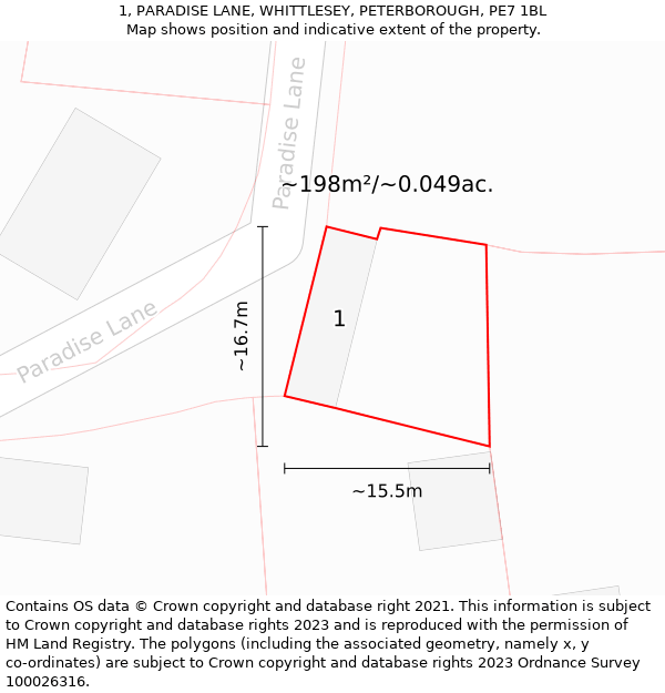 1, PARADISE LANE, WHITTLESEY, PETERBOROUGH, PE7 1BL: Plot and title map