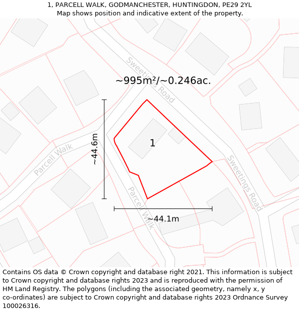 1, PARCELL WALK, GODMANCHESTER, HUNTINGDON, PE29 2YL: Plot and title map