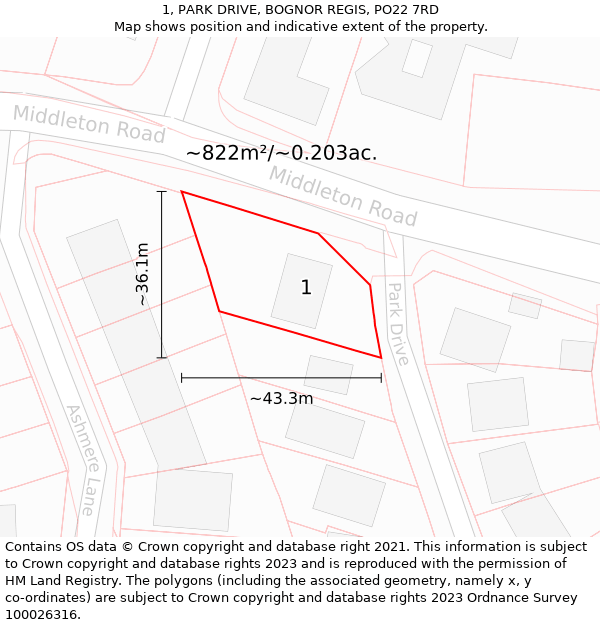 1, PARK DRIVE, BOGNOR REGIS, PO22 7RD: Plot and title map