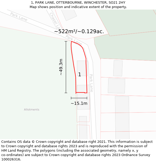 1, PARK LANE, OTTERBOURNE, WINCHESTER, SO21 2HY: Plot and title map