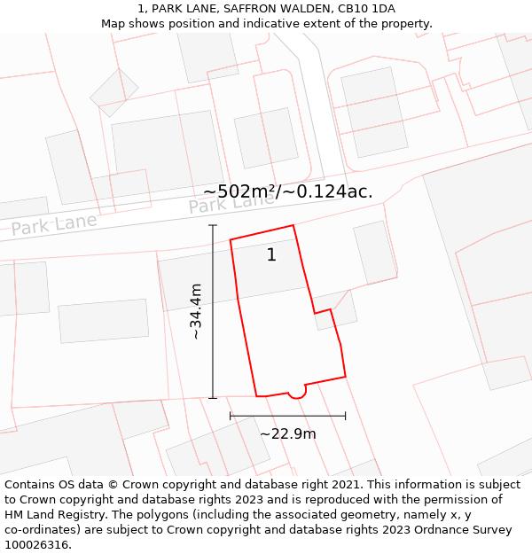 1, PARK LANE, SAFFRON WALDEN, CB10 1DA: Plot and title map