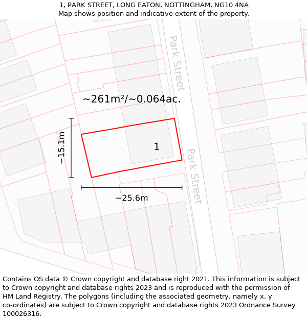 1, PARK STREET, LONG EATON, NOTTINGHAM, NG10 4NA: Plot and title map