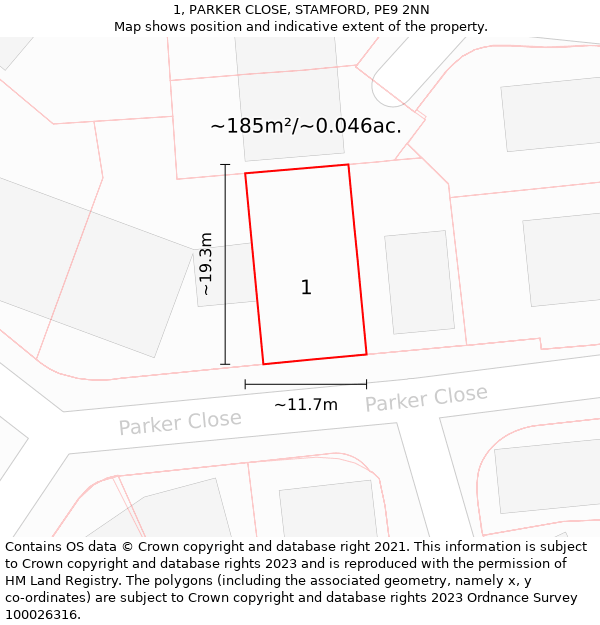 1, PARKER CLOSE, STAMFORD, PE9 2NN: Plot and title map