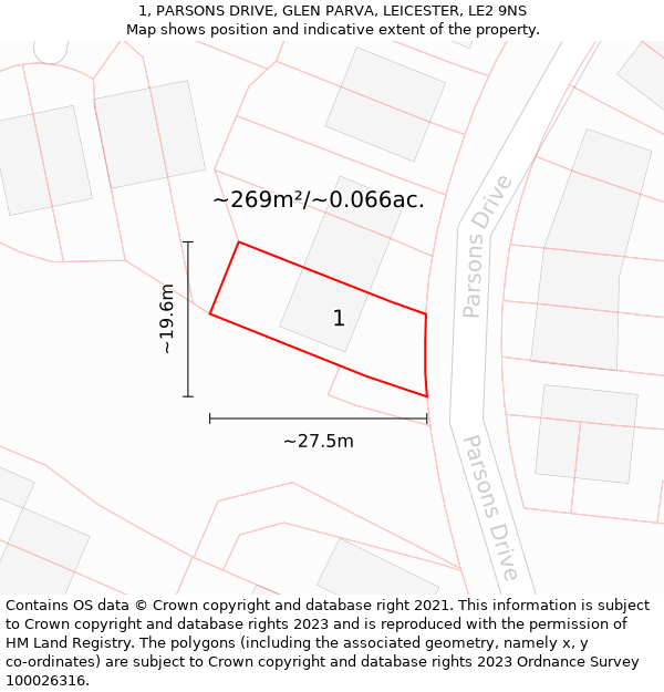 1, PARSONS DRIVE, GLEN PARVA, LEICESTER, LE2 9NS: Plot and title map