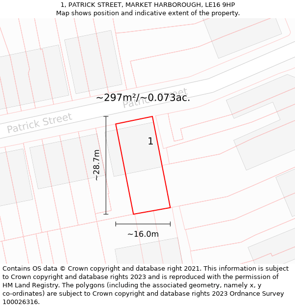 1, PATRICK STREET, MARKET HARBOROUGH, LE16 9HP: Plot and title map