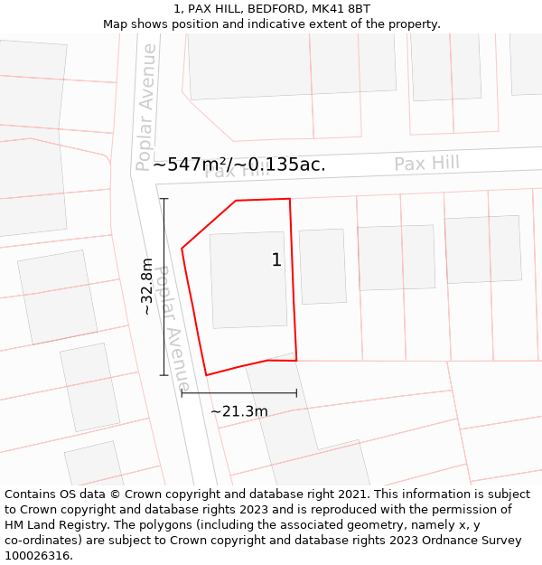 1, PAX HILL, BEDFORD, MK41 8BT: Plot and title map