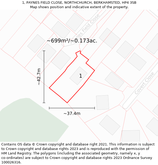 1, PAYNES FIELD CLOSE, NORTHCHURCH, BERKHAMSTED, HP4 3SB: Plot and title map