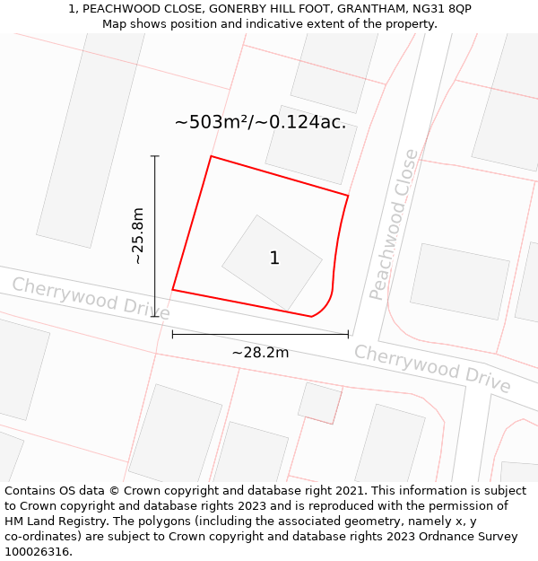 1, PEACHWOOD CLOSE, GONERBY HILL FOOT, GRANTHAM, NG31 8QP: Plot and title map