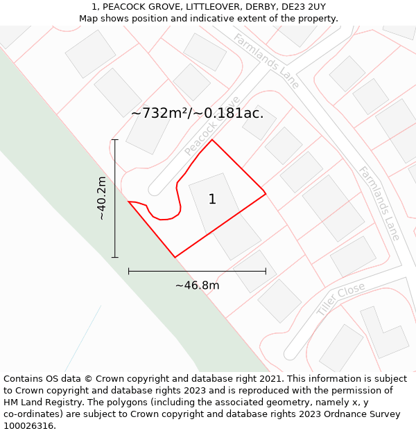 1, PEACOCK GROVE, LITTLEOVER, DERBY, DE23 2UY: Plot and title map