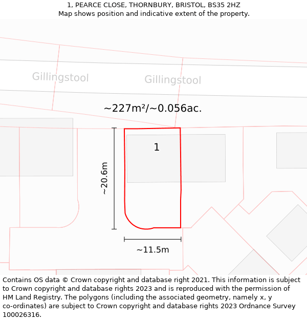 1, PEARCE CLOSE, THORNBURY, BRISTOL, BS35 2HZ: Plot and title map