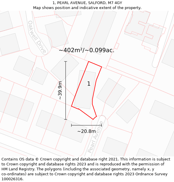 1, PEARL AVENUE, SALFORD, M7 4GY: Plot and title map