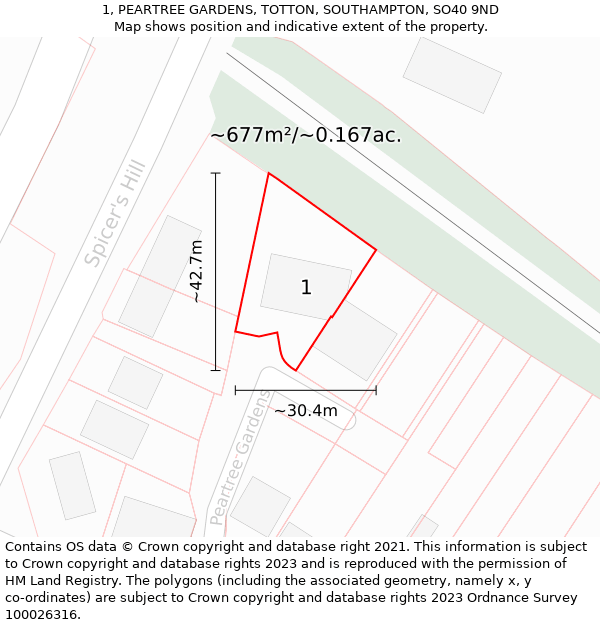 1, PEARTREE GARDENS, TOTTON, SOUTHAMPTON, SO40 9ND: Plot and title map