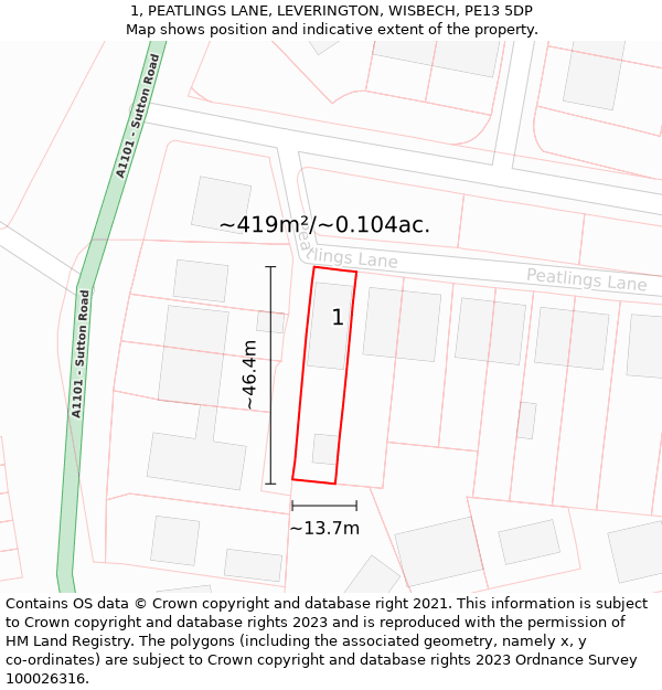 1, PEATLINGS LANE, LEVERINGTON, WISBECH, PE13 5DP: Plot and title map