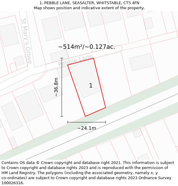 1, PEBBLE LANE, SEASALTER, WHITSTABLE, CT5 4FN: Plot and title map