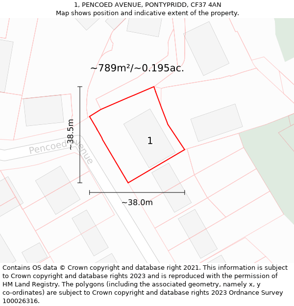 1, PENCOED AVENUE, PONTYPRIDD, CF37 4AN: Plot and title map