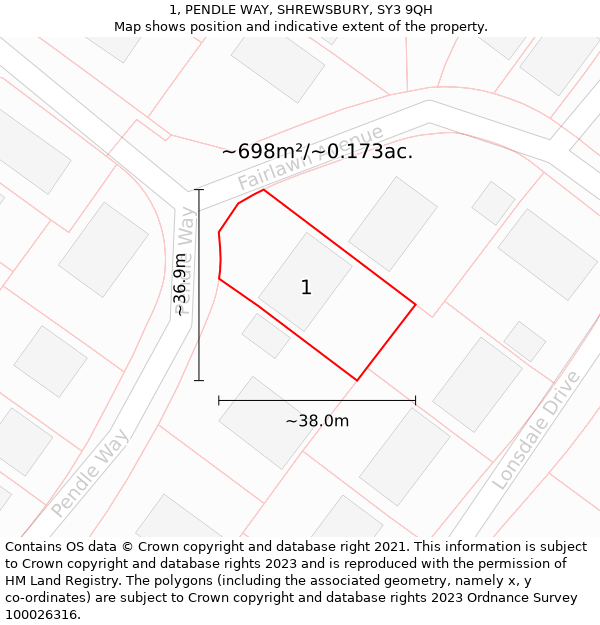 1, PENDLE WAY, SHREWSBURY, SY3 9QH: Plot and title map