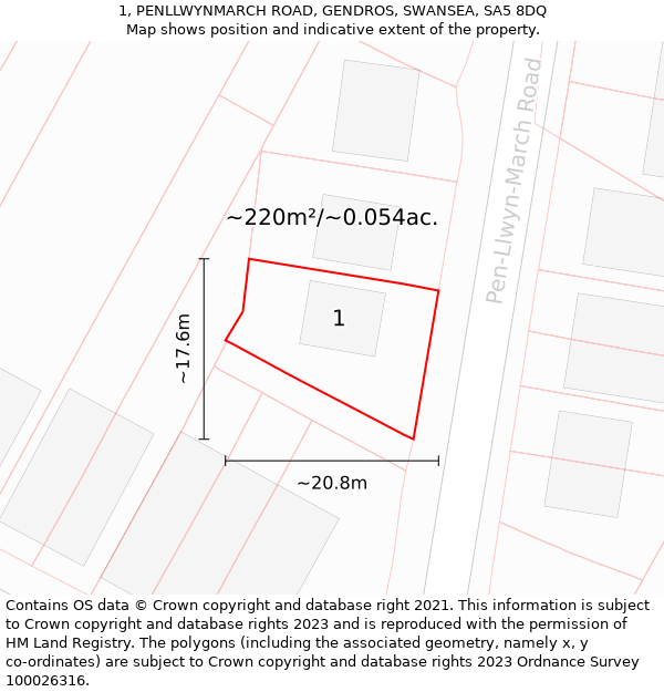 1, PENLLWYNMARCH ROAD, GENDROS, SWANSEA, SA5 8DQ: Plot and title map