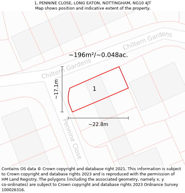 1, PENNINE CLOSE, LONG EATON, NOTTINGHAM, NG10 4JT: Plot and title map