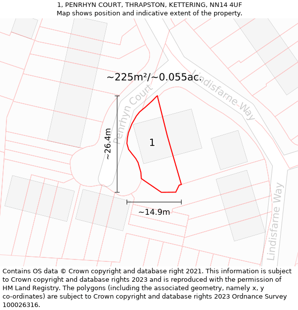 1, PENRHYN COURT, THRAPSTON, KETTERING, NN14 4UF: Plot and title map