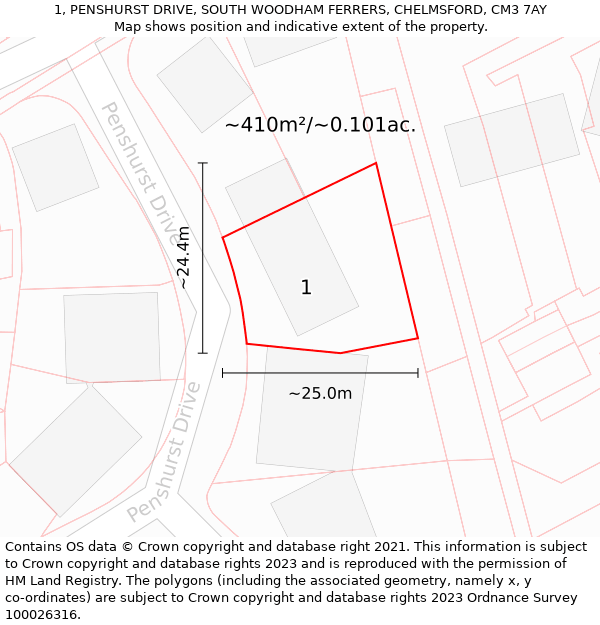 1, PENSHURST DRIVE, SOUTH WOODHAM FERRERS, CHELMSFORD, CM3 7AY: Plot and title map