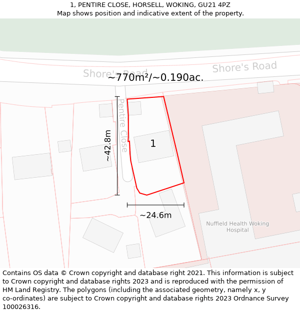 1, PENTIRE CLOSE, HORSELL, WOKING, GU21 4PZ: Plot and title map