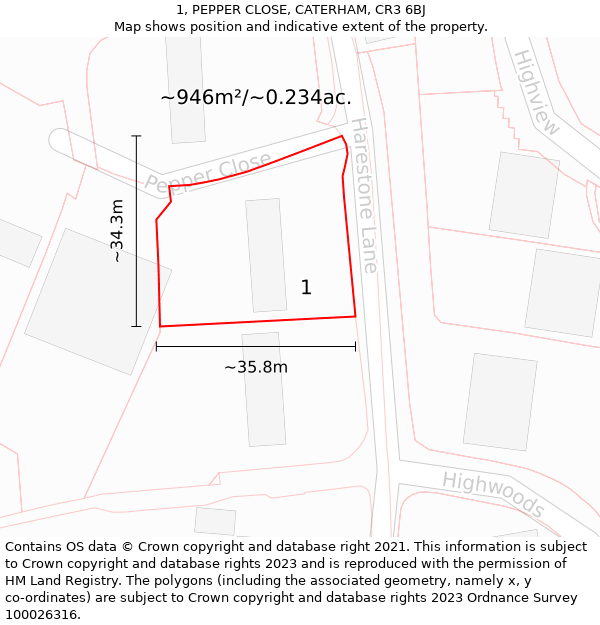 1, PEPPER CLOSE, CATERHAM, CR3 6BJ: Plot and title map