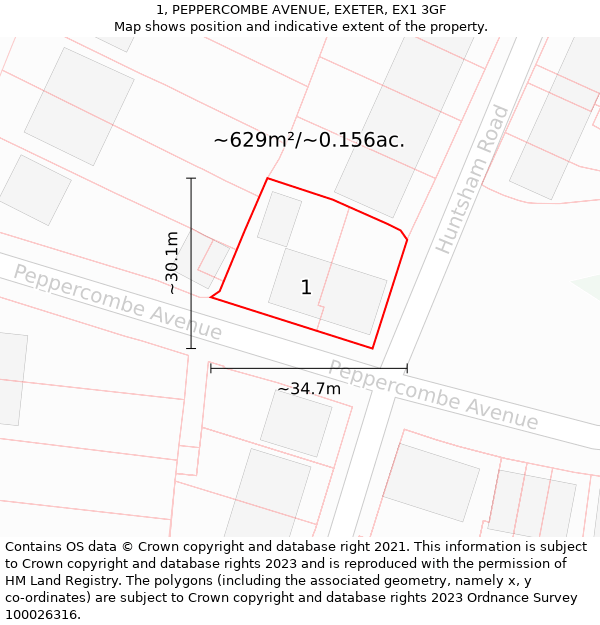 1, PEPPERCOMBE AVENUE, EXETER, EX1 3GF: Plot and title map