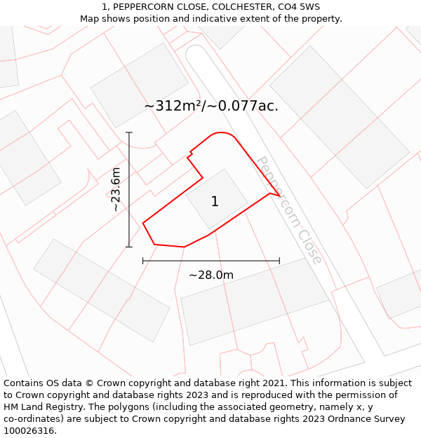 1, PEPPERCORN CLOSE, COLCHESTER, CO4 5WS: Plot and title map