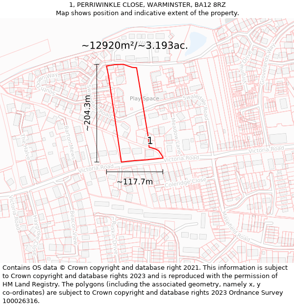 1, PERRIWINKLE CLOSE, WARMINSTER, BA12 8RZ: Plot and title map