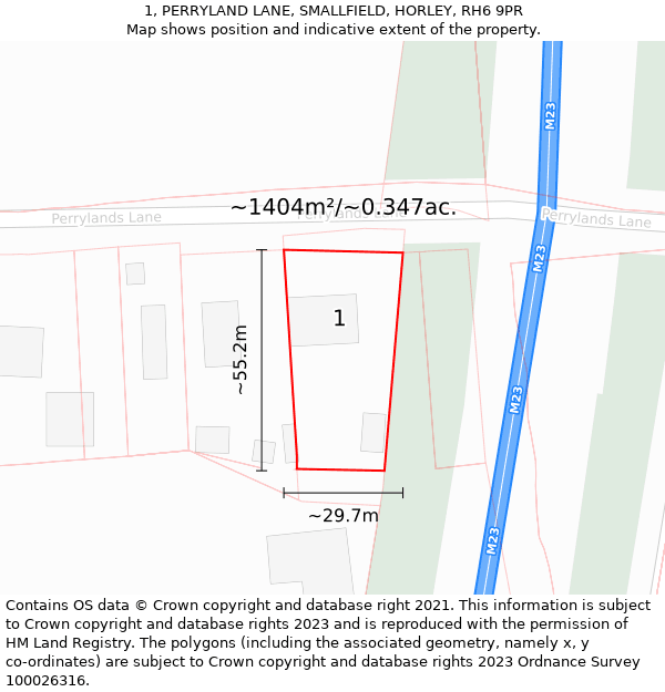 1, PERRYLAND LANE, SMALLFIELD, HORLEY, RH6 9PR: Plot and title map