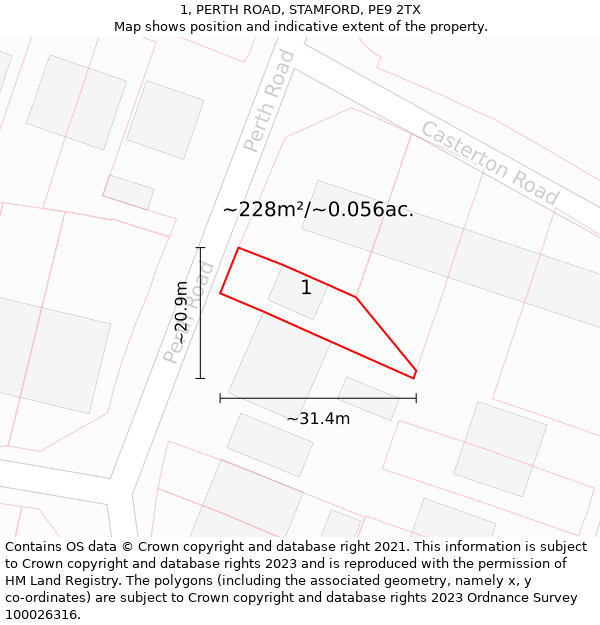 1, PERTH ROAD, STAMFORD, PE9 2TX: Plot and title map