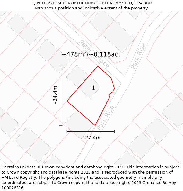 1, PETERS PLACE, NORTHCHURCH, BERKHAMSTED, HP4 3RU: Plot and title map