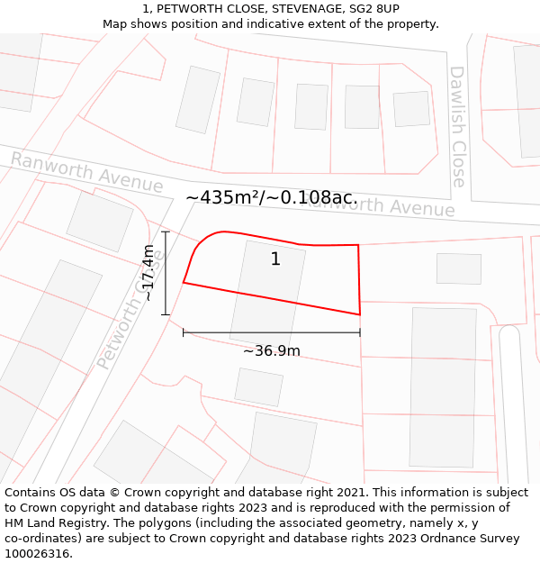 1, PETWORTH CLOSE, STEVENAGE, SG2 8UP: Plot and title map