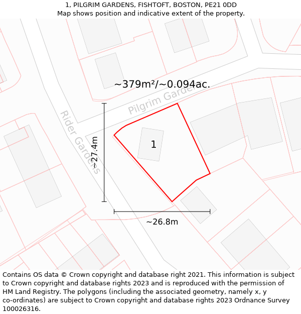 1, PILGRIM GARDENS, FISHTOFT, BOSTON, PE21 0DD: Plot and title map