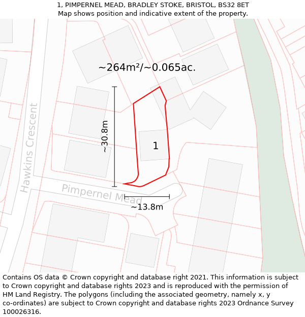 1, PIMPERNEL MEAD, BRADLEY STOKE, BRISTOL, BS32 8ET: Plot and title map