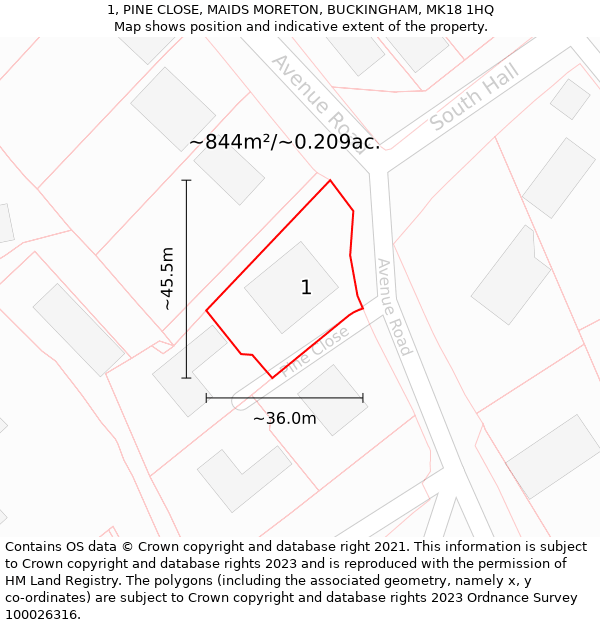 1, PINE CLOSE, MAIDS MORETON, BUCKINGHAM, MK18 1HQ: Plot and title map