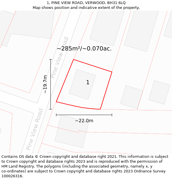 1, PINE VIEW ROAD, VERWOOD, BH31 6LQ: Plot and title map