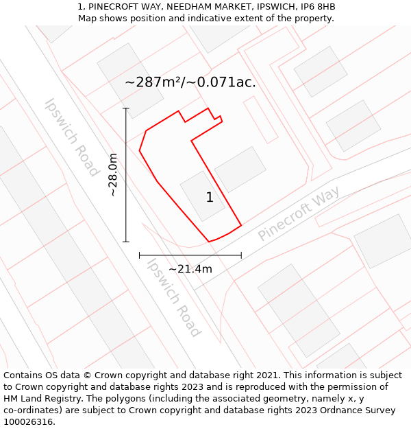 1, PINECROFT WAY, NEEDHAM MARKET, IPSWICH, IP6 8HB: Plot and title map