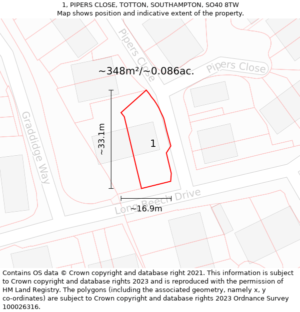 1, PIPERS CLOSE, TOTTON, SOUTHAMPTON, SO40 8TW: Plot and title map